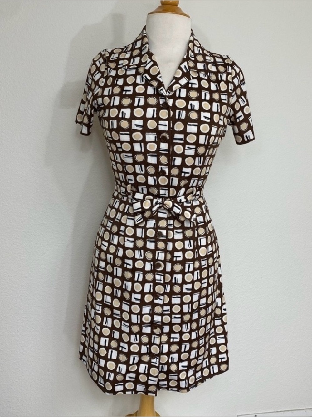 Vintage Fornari Women's Brown Abstract Dot Retro Mod Button Dress Classic Size M